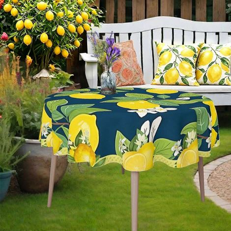 Nappe ronde bleu foncé à motif citron, 1 pièce, thème solstice d'été, idéale pour les repas décontractés en famille. (1/4)