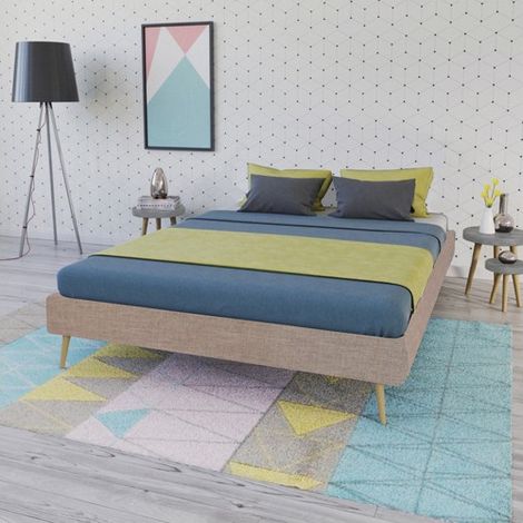 Le Quai Des Affaires – Lit BOREA 160x200 cm – Tissu beige – Ensemble avec sommier 12 lattes en bois – Structure MDF et contreplaqué – Dimensions 215x167x34 cm