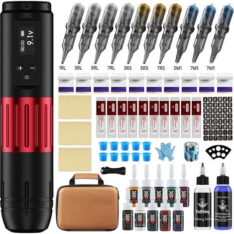 Kit de Stylo de Tatouage - Debutant Complet - Machine à Set de Tatouage Rotatif - 10 Couleurs Encres 10 Aiguilles de Cartouche (1/5)