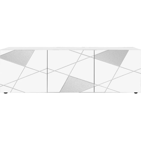 ORIANA - Meuble TV 3 Portes Finition Blanc Laqué Weiss avec Sérigraphies et Miroirs (1/3)