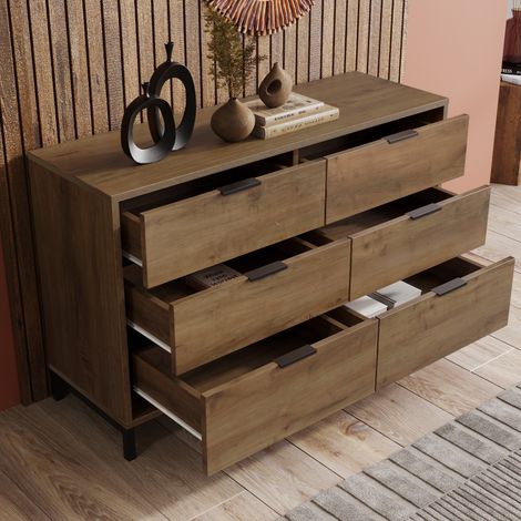 REDOM Commode 6 tiroirs 120x40x76 cm avec poignées et pieds en métal en panneaux de particules marron (1/5)