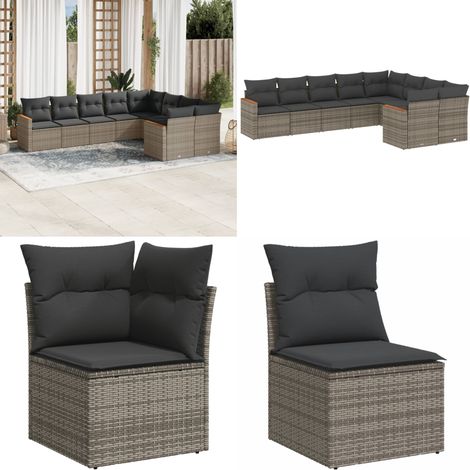 Salon de jardin 9 pcs avec coussins gris résine tressée - Ensemble Salon De Jardin - Mobilier Extérieur - Canapé Jardin - Chaise Lounge - Set Salon - Home & Living (1/5)