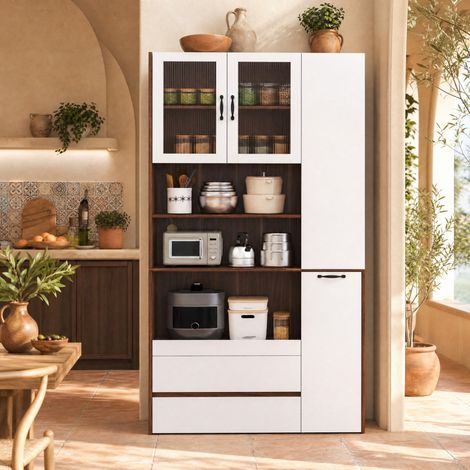 Credenza alta 100 x 40 x 200 cm con ripiano scorrevole, vetro rigato, bianco e noce DESVIAE (1/5)