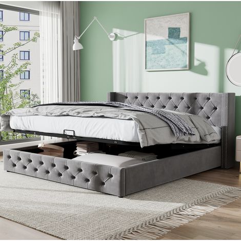 Cama tapizada 160x200 cm en terciopelo gris con arcón abatible hidráulico y cabecero alto (1/5)