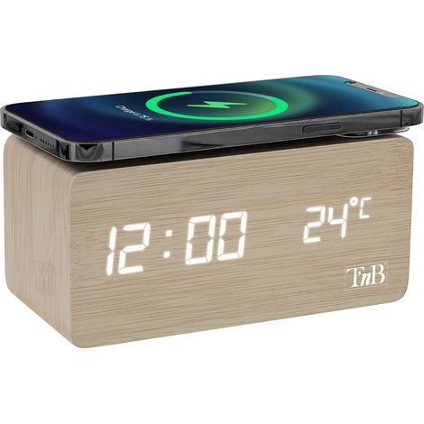 - Réveil Dynamo avec Chargeur Induction 10W, Alimentation Filaire sur Secteur, 3 Alarmes Programmables, Température, Luminosité Réglable, Mode Week-End, Horloge Numérique - Couleur Bois