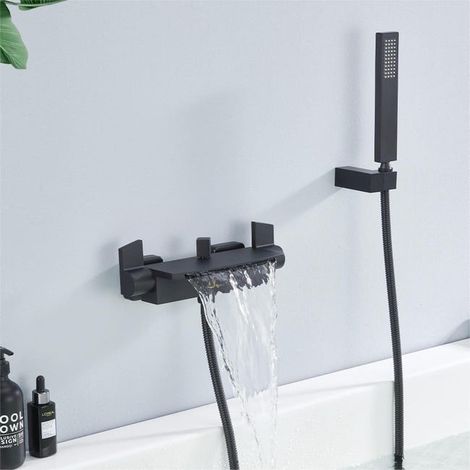 Mattschwarzer Messing-Wasserfall-Badewannenmischer – wandmontierter wassersparender Wasserhahn mit großem Wasserauslass, Handbrause und flexiblem Schlauch