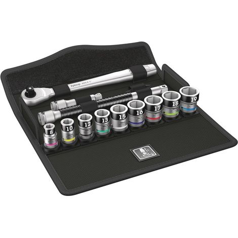Wera – Coffret cliquet et douilles 3/8" – 13 pièces avec fonction de retenue – Cliquet forgé métal – Angle de reprise 5° – Douilles Ø 8 à 19 mm