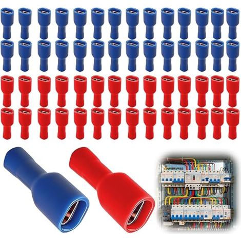 Cosses Electriques a Sertir Bornes de Câble Femelles à Déconnexion Rapide Entièrement Isolées Vinyle 6,3x0,8mm Bleu 1.5-2.5mm² 16-14 AWG 6,3x0,8mm Rouge 0,5-1,5 mm² 22-16 AWG (1/5)