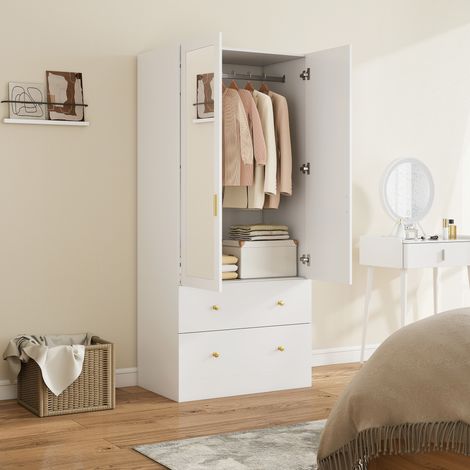 Armoire Chambre (Penderie)  Miroir + 2 Portes + 2 Tiroirs + Barre Suspension  80x50x180 cm Blanc