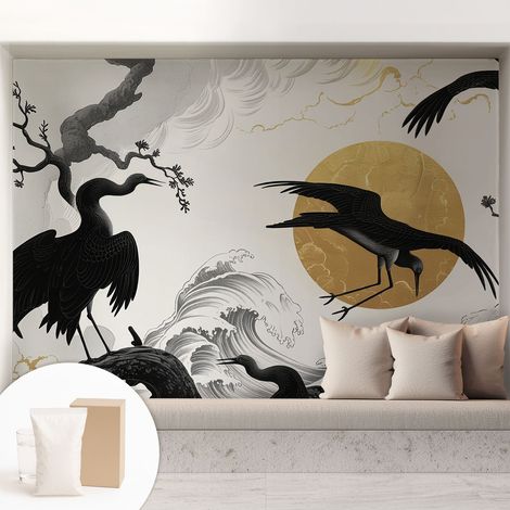 Papier peint intissé pour salon chambre à coucher peint imprimé Installation facile - Colle incluse gratuite Grues noires 208x146 cm (1/5)