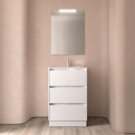 Ensemble complet Noja 600 3 tiroirs BLANC SATIN + meuble-lavabo + miroir + lampe (1/4)