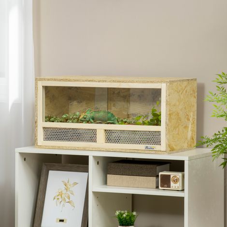 60x29,5x29,5 cm - Terrarium reptiles bois, portes verre coulissantes, panneaux maille, habitat polyvalent lézards, caméléons, serpents
