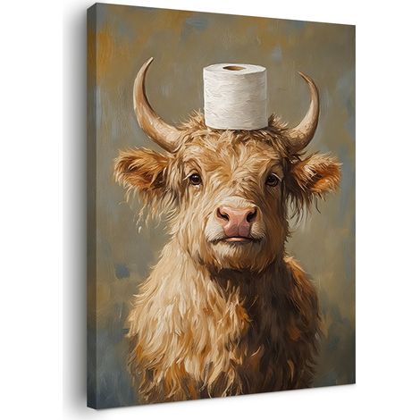 Tableau mural pour salle de bain 40 x 50 cm, 1 pièce sur toile avec cadre, motif écorce des Highland amusant avec papier toilette, images de salle de bain et WC d'invités, impression HD, avec bande (1/5)