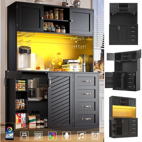 Armoire de cuisine,Buffet Haute de Cusine avec éclairage LED, étagère à snacks & porte-gobelets,4 portes et 2 grands tiroirs,120x40x188cm,Noir