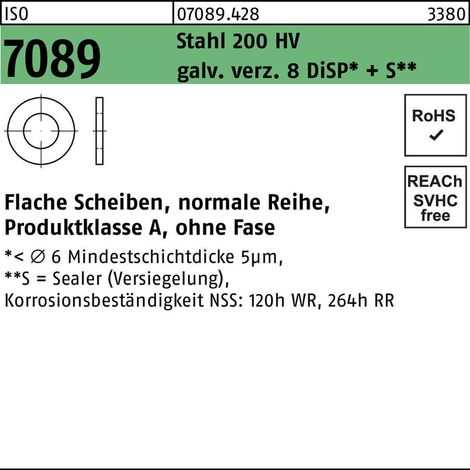 ISO 7089 Unterlegscheibe Stahl 20 (21 x 37 x 3 ) 200 HV, gal Zn 8 DiSP + S gal ZnDi 200 Stk (1/2)