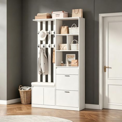 Flurgarderobe mit Sitzbank, multifunktionales Dielenmöbel mit Schuhschrank und Garderobe, mit 10 Haken und 2 Klappfächern, Weiß (1/5)