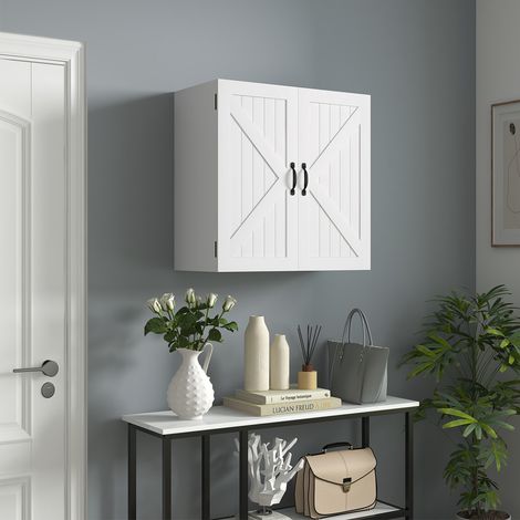 Armoire murale salle de bain en bois massif blanc style rustique, étagère réglable, 60x30x60 cm (1/5)