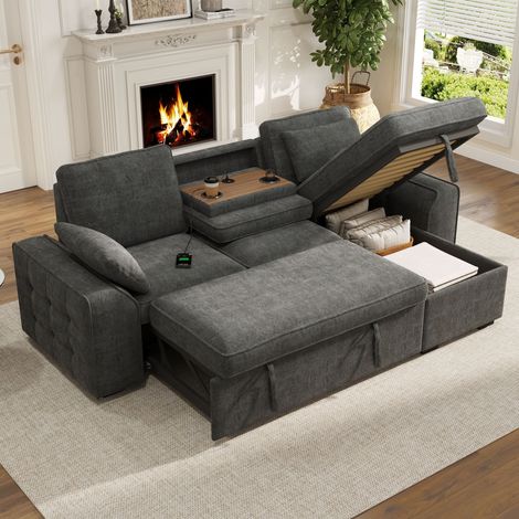 Canapé d'angle 3 places,canapé modulable avec porte-gobelets,ports USB,canapé-lit convertible avec couchage,rangement,dossier réglable,chenille,gris (1/5)