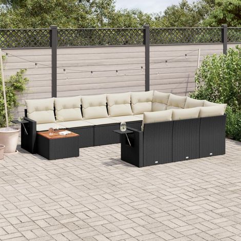 Ensemble Salon Jardin 11 Pièces Noir Résine Tressée avec Table Acacia et Coussins Crème - Stockage Intégré (1/3)