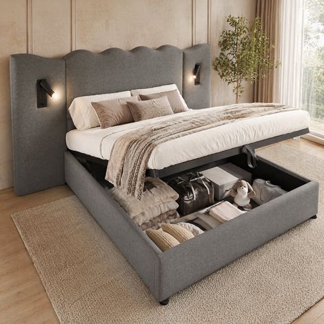 Cama matrimonial 180x200 cm en lino gris, cabecero ondulado, luz de lectura y carga USB-C, cama con almacenaje (1/5)