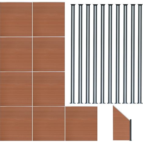 Pannelli Recinzione x9, Elemento Angolare & 11 Pali Metallo 185cm x 1657cm LED Solare Recinzione Doppia Faccia Marrone in Legno Composito per Giardino Esterno, Privacy e Design Moderno