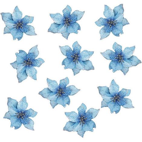 Fleurs de Noël artificielles pour mariage, décorations de sapin de Noël pailletées (10 pièces) (Bleu) (1/3)