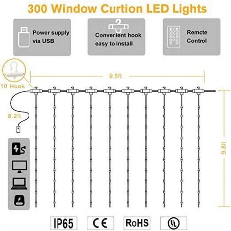 Camio Lumières de rideau à LED - 3mx3m-300 lampe fonction USB8 + télécommande à 13 touches(Lumière blanche froide) (1/4)