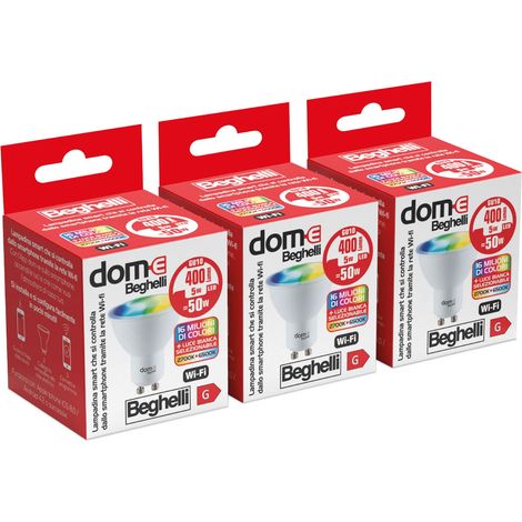 Beghelli Dom Lampadina LED Alexa Smart SPOT GU10 RGB-CCT WiFi, Lampada Compatibile con App, Facile Installazione Regolazione di Colori a Luce Calda e Luce Fredda, 3 pz (1/5)