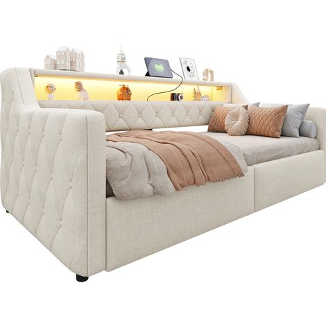 Lit banquette 90 x 200 cm avec LED multicolore, coffre hydraulique, ports USB et Type-C, tissu beige, rangement pratique pour chambre moderne  CHICFURN (1/5)