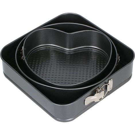 Moule à charnière - Moules à pâtisserie - Moules à charnière ronds, carrés et en forme de cœur avec revêtement antiadhésif et fermeture mécanique - Lot de 3 - Argenté (1/2)