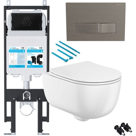 Gloss White Rimless Wall Hung Toilet with 1.14m Concealed Cistern Frame Set - Brushed Nickel Plate (1/4)