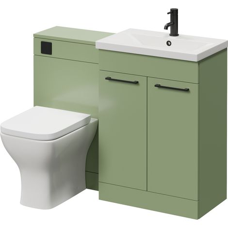 Napoli 390 Olive Green 1100mm 2 Door Vanity Unit Toilet Suite with Glide Basin - 1100mm - Matt Black 160mm HandleWith Kingston Toilet Pan and Seat