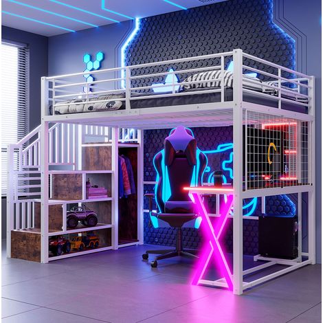 Cama alta con escritorio armario y LED blanca OKMYHOME (1/5)