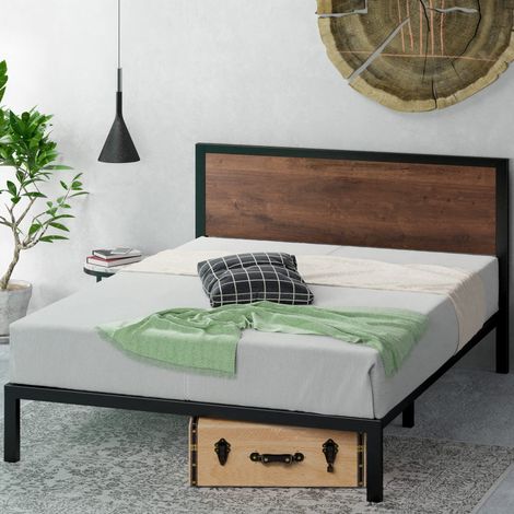 Zinus Mory Letto 160x190 cm - Struttura letto 30 cm di altezza - Struttura letto a piattaforma in metallo e legno con testata e supporto a doghe in legno - Marrone (1/5)