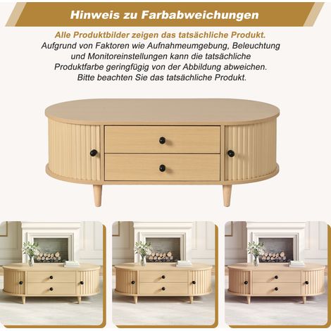Table basse ronde en bois clair avec 2 tiroirs et portes coulissantes, meuble d'appoint pour salon, console en MDF avec pieds en bois massif, dimensions 100 × 50 × 36 cm, charge max 50 kg (1/5)