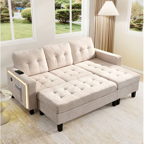 Modulares Schlafsofa L-Form 156x115 cm Beige Chenille mit LED, USB und beweglichem XXL-Hocker (1/5)