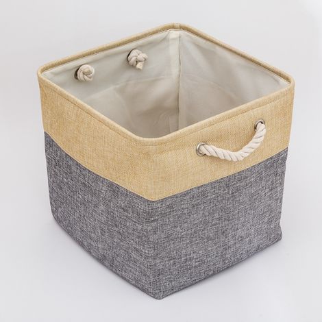 Lot de 1 Boîte de Rangement Pliable Beige et Gris en Jute et Coton avec Poignée, Panier à Linge, Meuble de Rangement pour Étagère, Bibliothèque et Sal (1/5)
