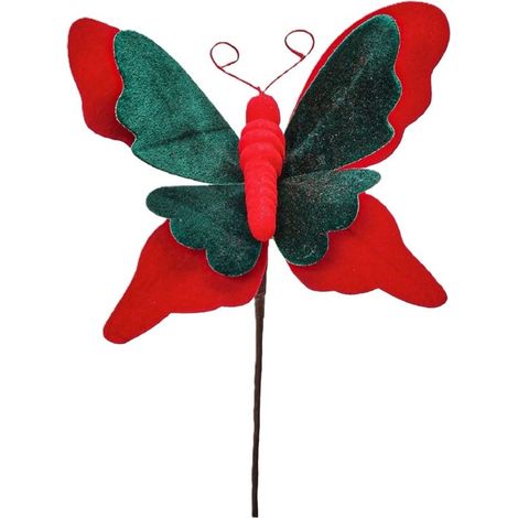 TrAdE Shop Traesio - Rametto Decorativo Natalizio A Farfalla In Tessuto Floccato 24x17 Cm Ornamento Per Feste - Rosso e verde (1/2)