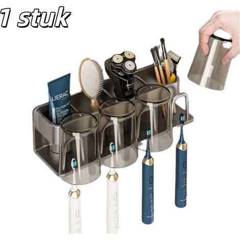 Porte brosses à dents mural avec étagère et gobelet fixation sans perçage pour ranger les brosses à dents près du lavabo couleur grise 1 pièce (1/5)