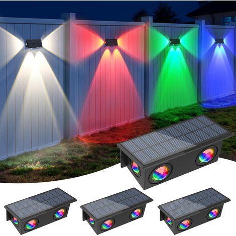Applique Solaire Extérieur RGB, 7 Couleur Applique Murale Solaire avec 4 LEDs, Changement de Couleur Lampe Exterieur Solaire, IP65 Étanche pour Clôture, Escaliers, Balcon, 4 Pièces (1/5)