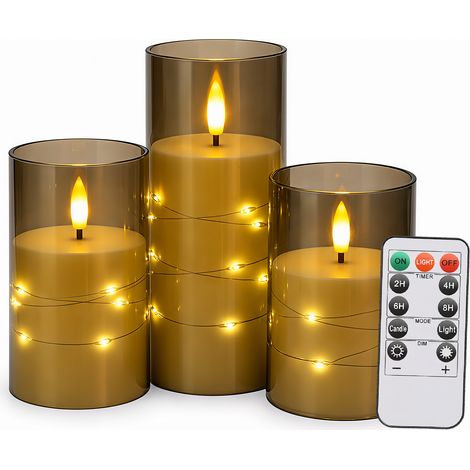 TolleTour Velas LED sin llama, set de 3 con mando a distancia y temporizador, acrílico gris, Ø 7,5 cm, alturas 10/12,5/15 cm, guirnalda luminosa (1/5)
