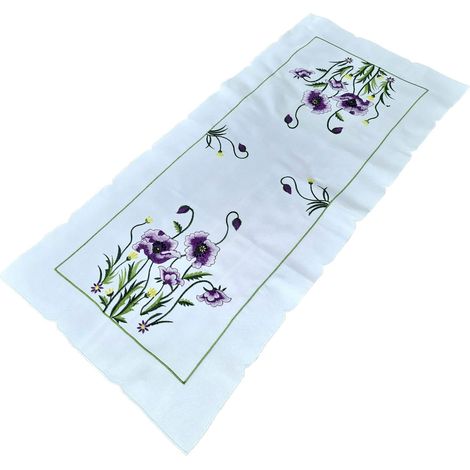 Weiße Tischläufer, bestickt, 40/85, Frühlings-Tischläufer mit farbenfrohen lila Blumen (1/5)
