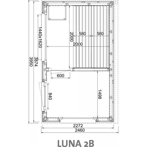 Infraworld Luna 2 Außensauna mit Lärche-Fassadenprofile versch. Fenstergrößen und Inneneinrichtung Luna 2B - Panorama-Fenster (BxH): 1440 x 1620 mm, Türe versetzt, 2 Liegen (1/5)