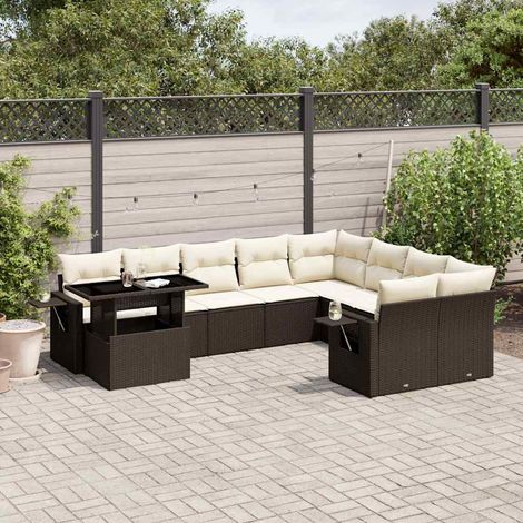 Ensemble de Salon Jardin 10 Pièces Résine Tressée Marron et Coussins Crème avec Table Réglable Modulaire Haute Résistance UV (1/5)