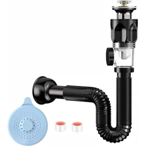 Kit de vidange pour évier de cuisine, crépine universelle, tuyau de vidange flexible anti-fuite avec filtre anti-obstruction pour éviers de salle de bain et de cuisine (noir, ensemble A) (1/5)