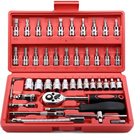 Coffret de 46 pièces de douilles et cliquet 1/4 de pouce, avec douilles à embouts métriques et barres d'extension pour réparation automobile et usage domestique, avec rangement (1/5)