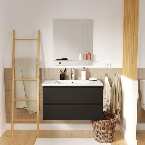 Einzelwaschtisch 80 cm, Eichenoptik, mit Armatur und Spiegel, SORRENTO (1/5)