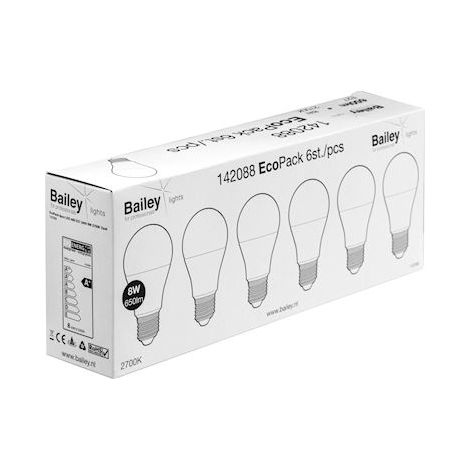 ampoule à led - bailey ecobasic - culot e27 - 8w - 2700k - a60 - lot de 6 - bailey 142088