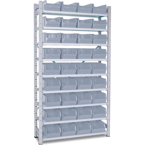 BRB Kleinteileregal mit 9 Böden HxBxT 2x1070x315 mm, bestückt mit 36 Sichtkästen LB3, LxBxH 350x200x150 mm (Grau) (1/2)