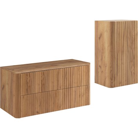 Ensemble de meubles de salle de bain, 2 tiroirs, 1 porte, fermeture douce, façades rainurées, Chêne Craft, 100,8 x 44,2 x 48,4 cm (1/5)
